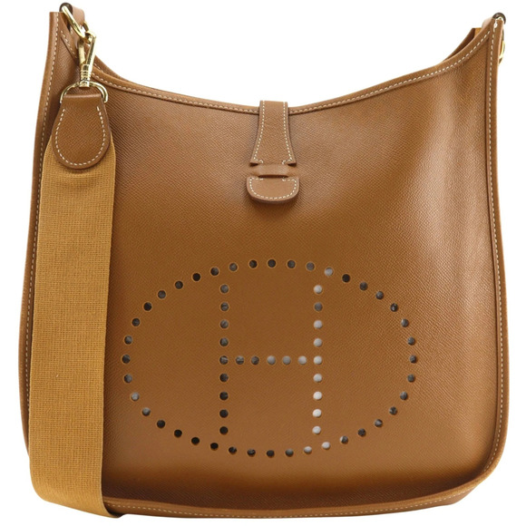 HERMES Handbags - Hermes Evelyne 1 GM Shoulder Bag, Courchevel Leather, Gold, 1998 Model, Brown...